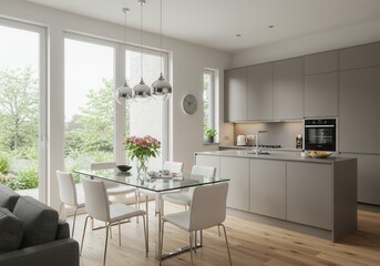 Modern kitchen and dining area with glass table and gray cabinets in a bright and airy home