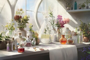 Sunlit Laboratory Filled with Various Botanical Specimens and Glassware.