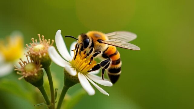 A bee pollinating an strawberry flowers, collecting nectar