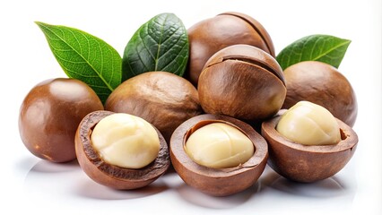 A close up image shows a group of delicious macadamia nuts