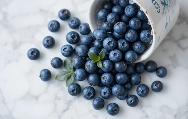 Blueberries spill from a white cup onto a marble surface in a minimalist display