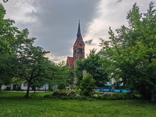 Ostrava,Czech Republic-April 8 2025: Ostrava historical industrial town city center with mix of old architecture, factories, and public urban zones.

