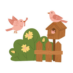 Illustration birdhouse with birds and flowering bush. bird family, Dad came to feed baby bird with worm. collection of color illustrations. Suitable spring postcards, prints, blog design, children's