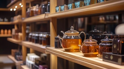 Wooden shelf with tea jars in shop for rustic organic product herbal wellness traditional healthy aromatic scene
