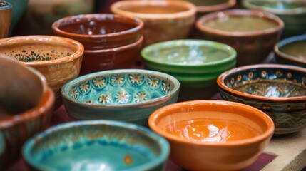 Handmade colorful ceramic bowls stacked for artisan craft rustic kitchen traditional pottery decorative design market scene