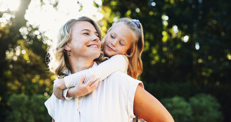 Fototapeta premium Outdoor, mother and child with piggyback for bonding together, relationship and connection in park. Happy family, mom and girl with parent for carrying, love and care with trust on weekend holiday