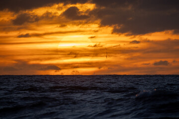 Obraz premium A breathtaking sunset gracefully paints the evening sky with warm, vibrant hues over the tranquil ocean waters