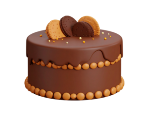 Delicious chocolate cake decorated with biscuits and caramel