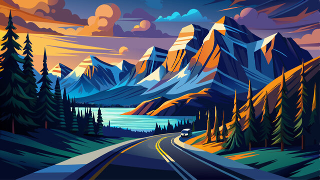 Scenic Icefields parkway in twilight at Jasper national park Canada