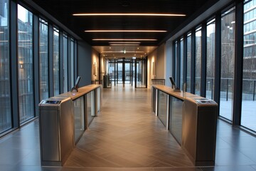 Modern office building entrance with glass walls, security turnstiles, and polished floors.