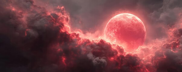 Red moon behind black clouds with mystical burn and smoke concept. A stunning red moon is surrounded by dramatic dark clouds.