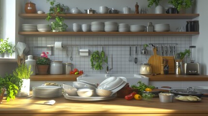 Modern kitchen, dishes piled, sunlight, plants