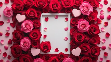 Romantic Red Rose Frame with Scattered Petals and Pink Hearts – Elegant Love and Passion Background Design. Ai Gen