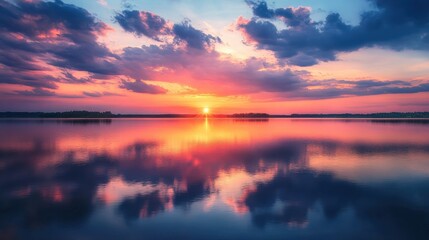 Serene sunset reflection over a placid lake.