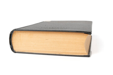 Closed old book pages texture. Vintage notebook background, antique reference book closeup