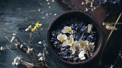 Close up of cup with floating flowers on rustic table for romantic herbal drink vintage mood relaxation calming artistic detail cozy scene