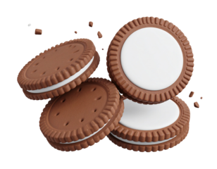Cream-filled chocolate sandwich cookies, stacked and falling with crumbs