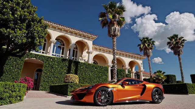 Luxury orange sports car parked in front of elegant mansion with palm trees and blue sky, symbolizing wealth, lifestyle and exclusive property in tropical setting