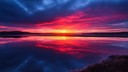 Naklejka premium Vivid sunset reflection on a tranquil lake.