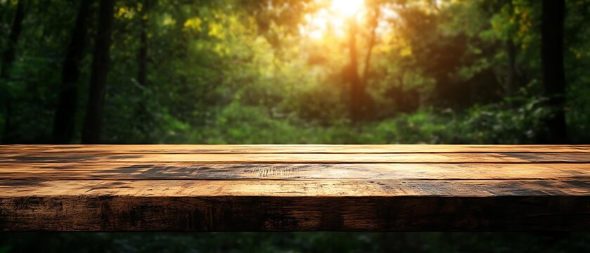 Sunny forest wood table backdrop