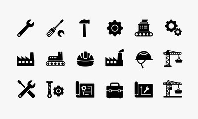 Industrial and Construction Icons Set :  wrenches, gears, hammers, helmets, factories, conveyor belts, blueprints, toolboxes, cranes.