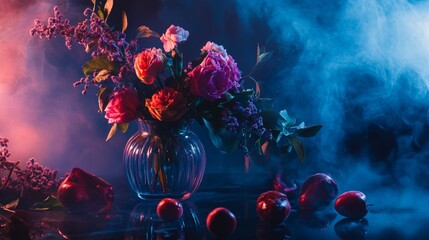 Floral arrangement in blue red contrast with dramatic lighting for romantic still life photography art moody creative elegant passion classic scene
