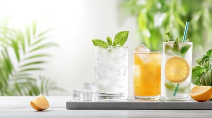 Refreshing Iced Summer Drinks with Mint and Lemon on White Table summer iced mint lemon refreshing