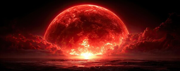 Red moon behind black clouds under eerie night sky concept. A stunning red moon rises above a dark horizon at twilight.