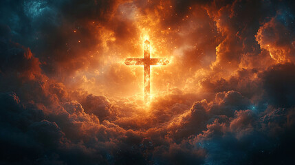Fototapeta premium Fiery cross in a stormy sky, glowing amidst clouds.
