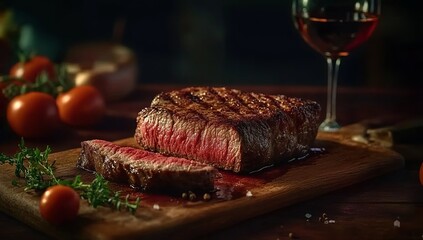 A mouthwatering image of perfectly grilled medium rare steak, centered on an old wooden table with rustic wine bottle and glass in the background, surrounded by fresh tomatoes and herbs, 