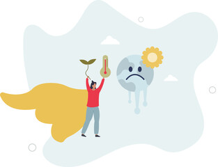 Climate crisis and global warming as planet challenge.Environmental danger with CO2 greenhouse gases pollution and raising temperature. character life .