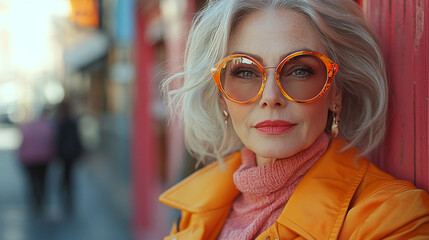 Stylish mature woman posing outdoors, wearing orange sunglasses and jacket.