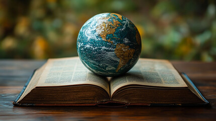 Earth globe resting on open antique book.