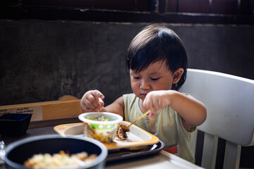 Toddler Is Eating BrToddle Age, Eating And Enjoying Some Healthy Vegetarian Food, Video footage for documentary film and cinematic in lifestyle scene.eakfast By Himself