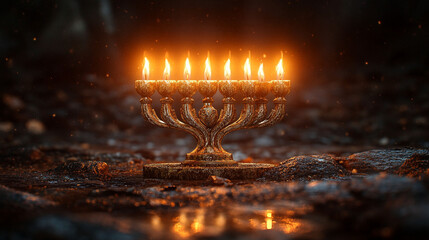 Hanukkah menorah with burning candles on a dark rocky surface.