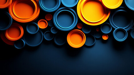 Abstract background design with layered circles in orange and navy blue colors.