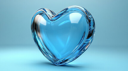 Transparent, light-blue heart-shaped glass object on a light-blue background.