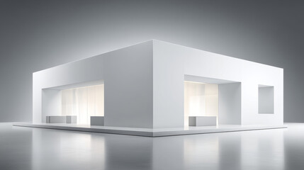 Minimalist architectural design featuring a sleek white structure with large windows.