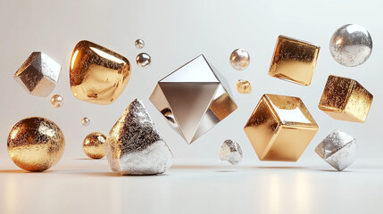 Abstract 3D render of various metallic geometric shapes floating in the air.