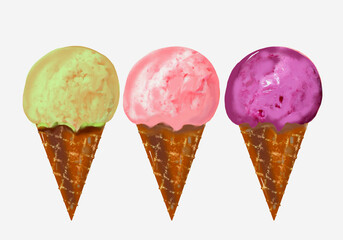 Set of Colorful Ice Cream Cones –  Pistachio, Strawberry and Berry