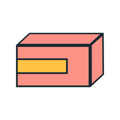 Pink medicine box with yellow label in isometric perspective, flat vector style on white background