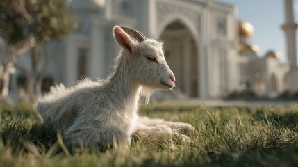 Young goat resting in grassy area near a mosque.