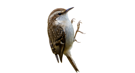 Eurasian treecreeper clings gracefully to an invisible surface against white background