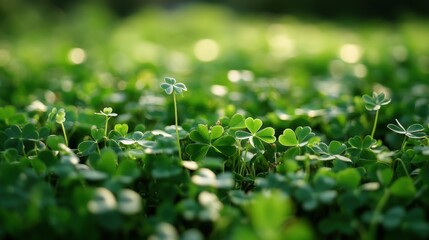 Lush green clover plants in vibrant sunlight.