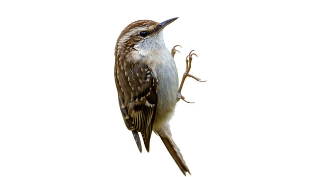 Eurasian treecreeper clings gracefully to an invisible surface against white background