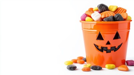 Close up of orange trick or treat candy bucket filled with colorful candies, evoking festive Halloween mood