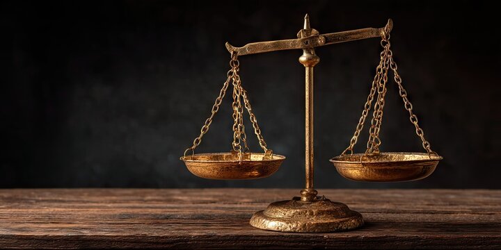 A classic depiction of golden scales placed on a wooden desk, symbolizing fairness and legal balance. 