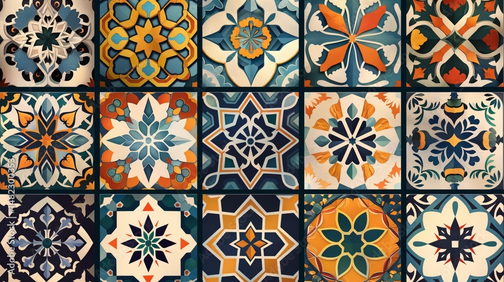 Poster exploring vibrant abstract mosaic patterns featuring intricate designs and color combinations