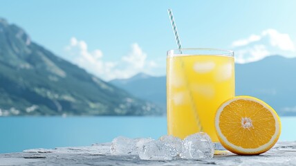 Refreshing Orange Juice with Ice and Orange Slice by a Scenic Mountain Lake ice orange refreshing ai