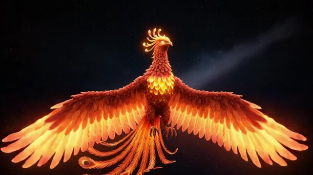 3D flame-colored 'PHOENIX' with glowing wings &mdash; mythical and eternal.